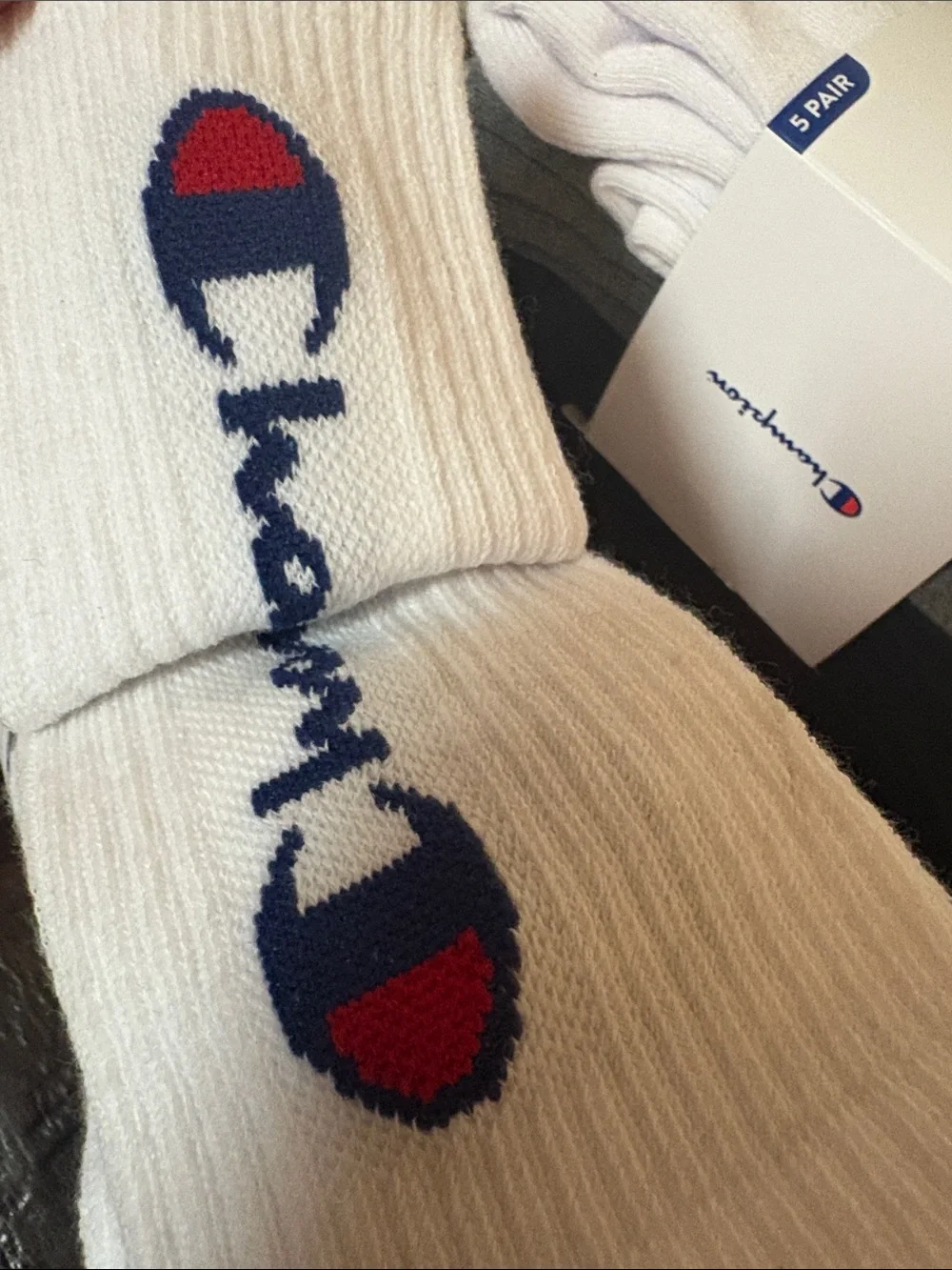 Champion Men's White,Gray & Black Crew Socks Navy & Red Logo 2 Packs of 5 Pairs.